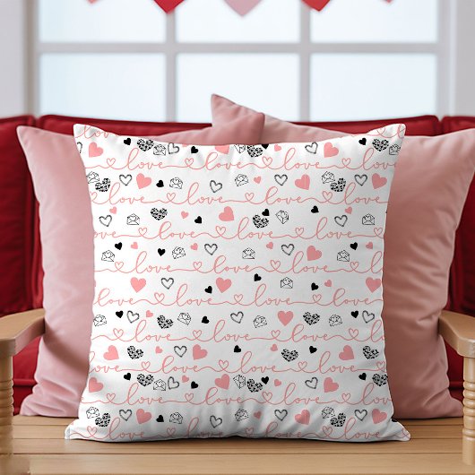 Valentine’s Day Pillow Pink Black Hearts Sketch  クッション