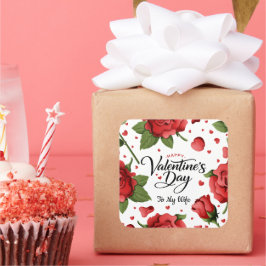 Valentine`s Day Romantic Red Rose Hearts Floral スクエアシール