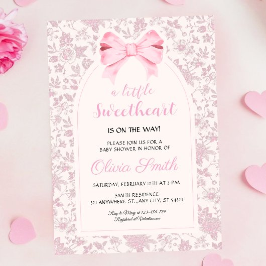 Valentine’s Day Sweetheart Pink Bow Baby Shower 招待状