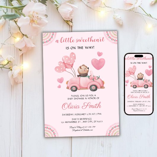 Valentine’s Day Sweetheart Pink Car Baby Shower 招待状