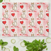Valentine' s Kitchen Hand Towel Cat Red Heart キッチンタオル (折り畳み)