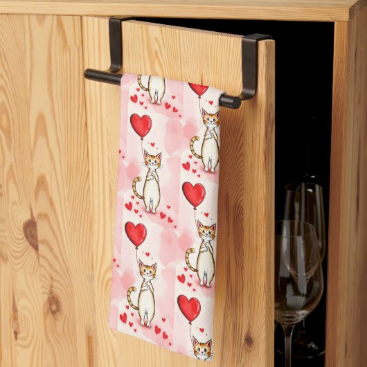 Valentine' s Kitchen Hand Towel Cat Red Heart キッチンタオル (三つ折り)