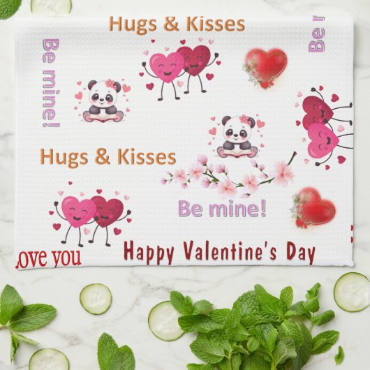 Valentine' s Kitchen Hand Towel Cat Red Heart キッチンタオル (折り畳み)