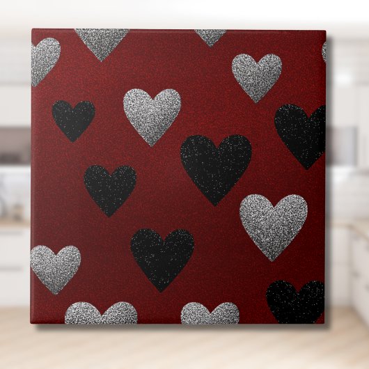 Valentine Silver Black Glitter Hearts on Burgundy タイル