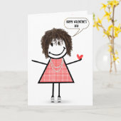 Valentine Stick Figure Girl With Speech Bubble カード (黄色い花)
