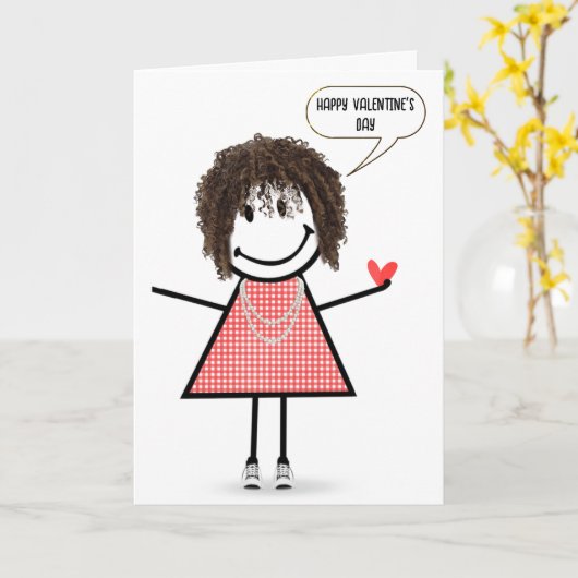 Valentine Stick Figure Girl With Speech Bubble カード (黄色い花)