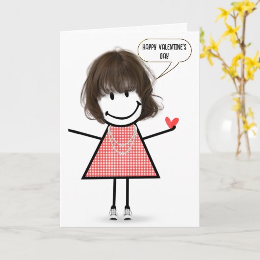 Valentine Stick Figure Girl With Speech Bubble カード (黄色い花)