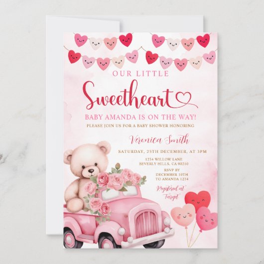 Valentine Sweetheart Bear Pink Truck Baby Shower 招待状 (正面)