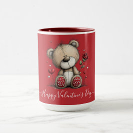 Valentine Teddy Bear with Rose and Hearts マグカップ