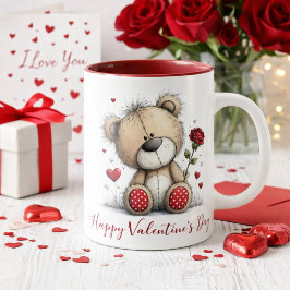 Valentine Teddy Bear with Rose and Hearts マグカップ