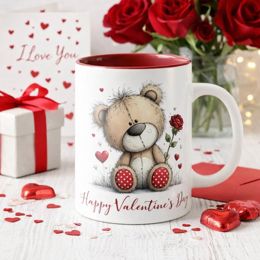 Valentine Teddy Bear with Rose and Hearts マグカップ