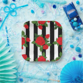 valentine vertical stripes red roses romantic ペーパープレート (パーティー)