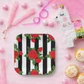 valentine vertical stripes red roses romantic ペーパープレート (パーティー)