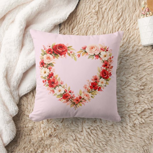 Valentine Watercolor Floral Heart Wreath Pillow |  クッション (ブランケット)