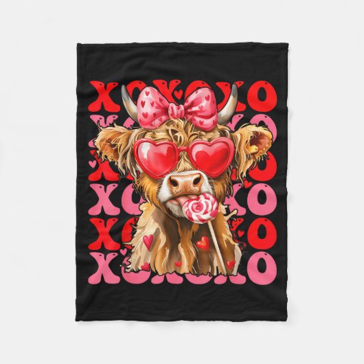 Valentine Xoxo Highland Cow Cute Coquette Bow West フリースブランケット (正面)