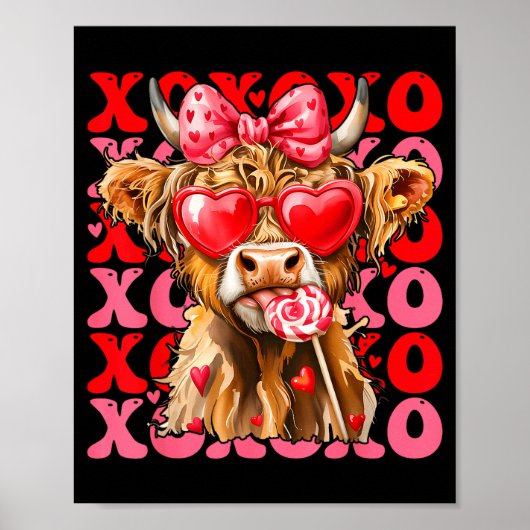 Valentine Xoxo Highland Cow Cute Coquette Bow West ポスター (正面)