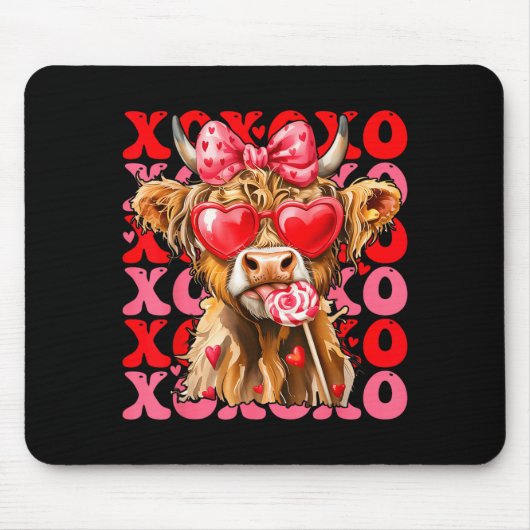 Valentine Xoxo Highland Cow Cute Coquette Bow West マウスパッド (正面)