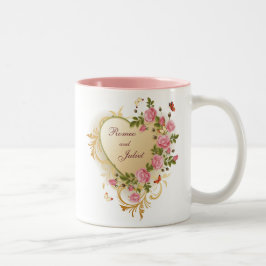 Valentines -金ゴールドストライプのハートとバラ ツートーンマグカップ