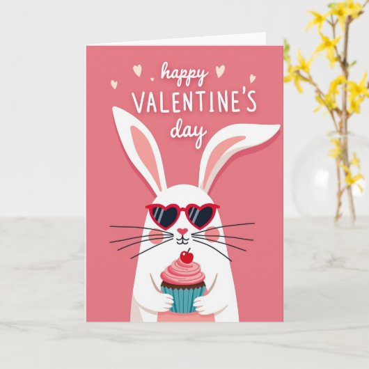 Valentines Bunny Hearts Cupcake Card カード (黄色い花)