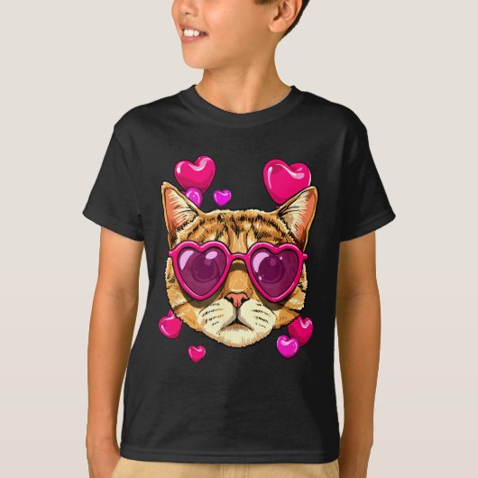 Valentines Ca Kitten Wearing Sungl Heart Cat Lover Tシャツ (正面)