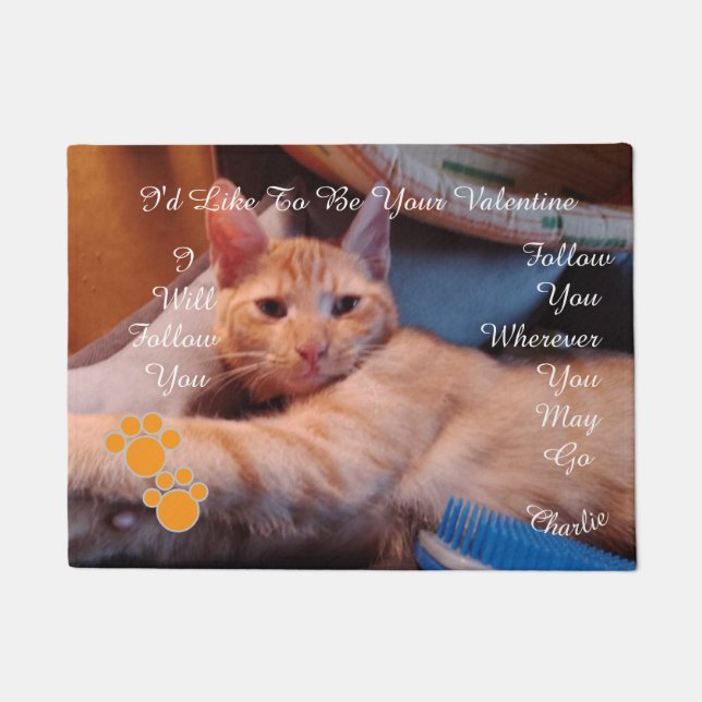 Valentine's Cat Pawprint Humor Cat Photo ドアマット (正面)