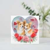 Valentines Corgi Pair,ハート,花,水彩 シーズンカード (スタンド正面)