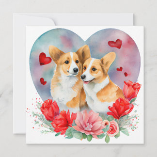Valentines Corgi Pair,ハート,花,水彩 シーズンカード