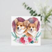 Valentines Corgi Pair,ハート，花，水彩 シーズンカード (スタンド正面)