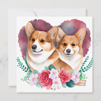 Valentines Corgi Pair,ハート,花,水彩 シーズンカード