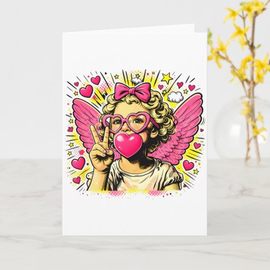 Valentines Cute Cupid Heart Angel Love Holiday Com カード (黄色い花)