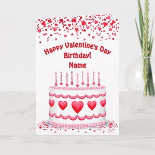 Valentine's Day Birthday Cake Customizable Candles カード (正面)