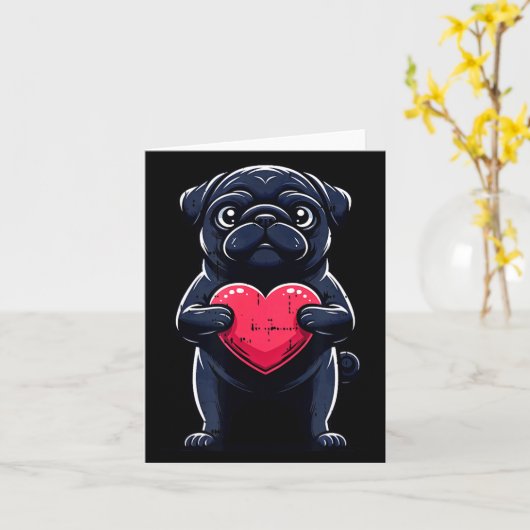 Valentines Day Black Pug Heart Funny Dog Mom Dad F カード (黄色い花)