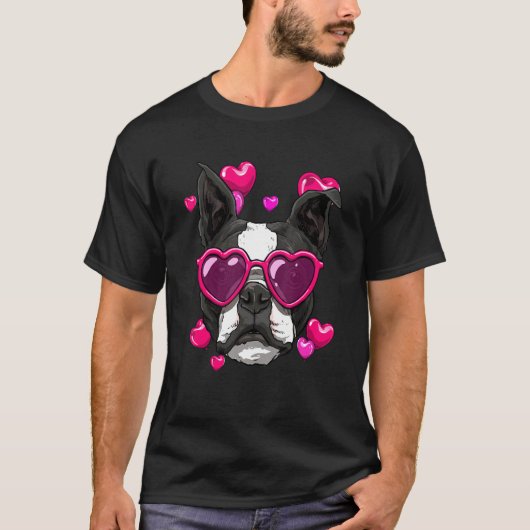 Valentines Day Boston Terrier Heart Couples Puppy  Tシャツ (正面)