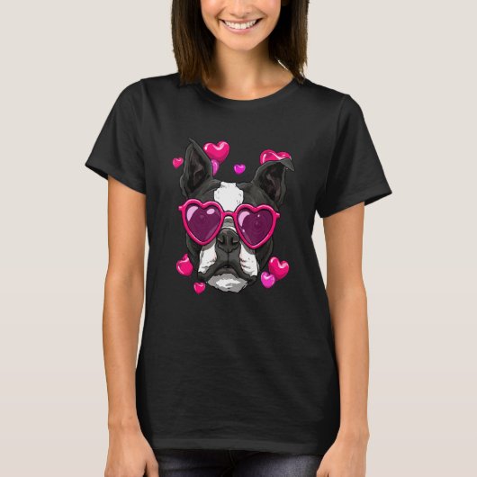 Valentines Day Boston Terrier Heart Couples Puppy  Tシャツ (正面)