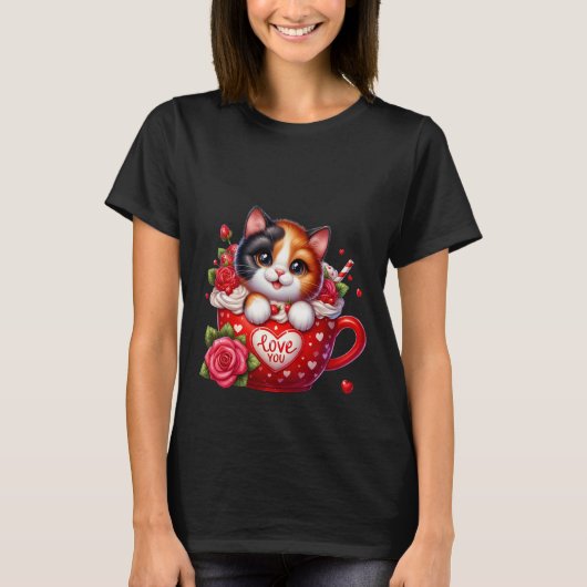 Valentine's Day Calico Cat Love You Mug Art ✨🐱☕ Tシャツ (正面)
