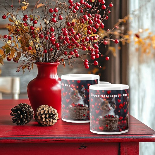 Valentine's Day Calico Kitten Red Hearts Candy ジャンボコーヒーマグカップ