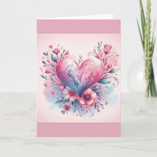 Valentine's Day Card Pink Flowers Pink Heart サンキューカード (正面)