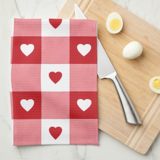 Valentine's Day Charming Red & White Check Heart  キッチンタオル (四つ折り)
