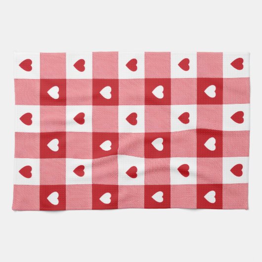 Valentine's Day Charming Red & White Check Heart キッチンタオル (横)