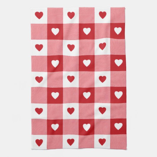 Valentine's Day Charming Red & White Check Heart  キッチンタオル (縦)