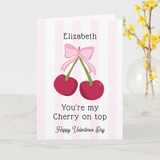 Valentine's Day Cherry on Top Coquette Stripes カード (黄色い花)