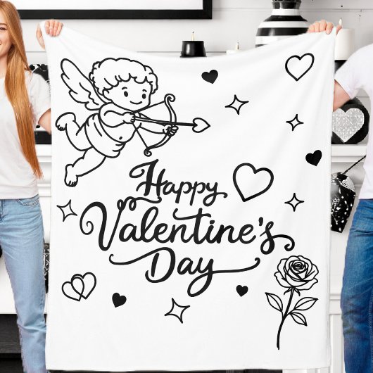 Valentines Day Cherub & Romantic Doodle Design フリースブランケット