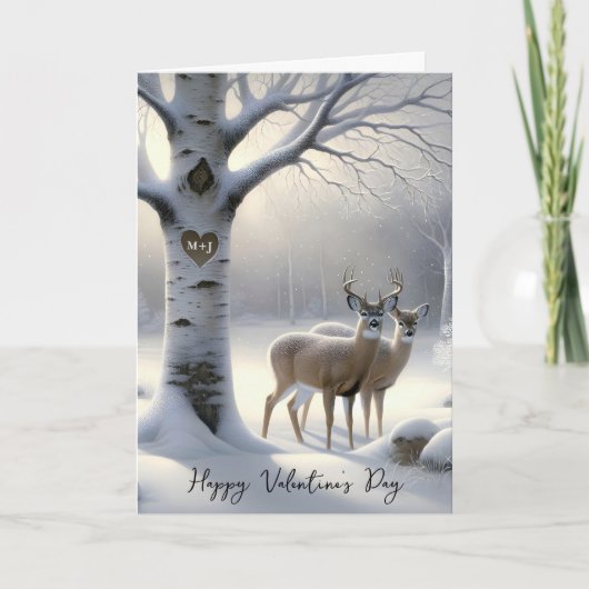 Valentine's Day Deer with Initials on Tree Heart シーズンカード (正面)