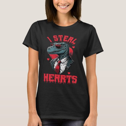 Valentine's Day Dinosaur I Steal Hearts Boys Men L Tシャツ (正面)