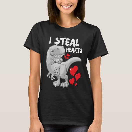 Valentines Day Dinosaur I Steal Hearts Boys Men Lo Tシャツ (正面)