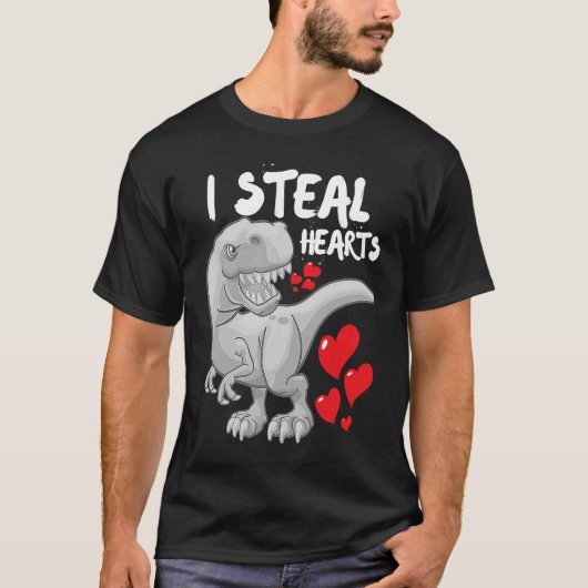 Valentines Day Dinosaur I Steal Hearts Boys Men Lo Tシャツ (正面)