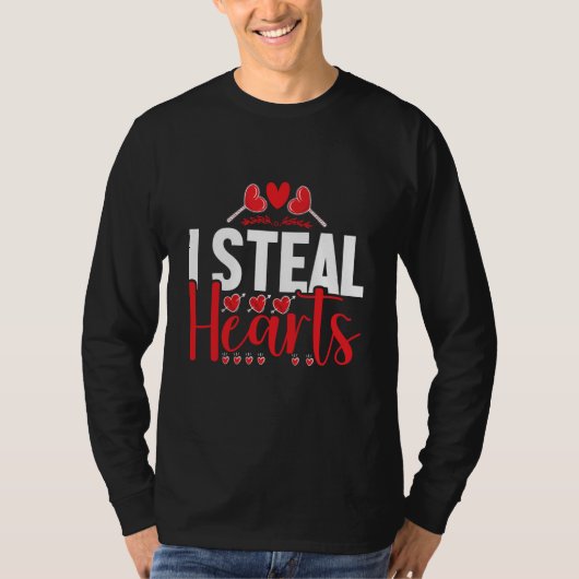 Valentines Day Dinosaur I Steal Hearts Boys Men Lo Tシャツ (正面)