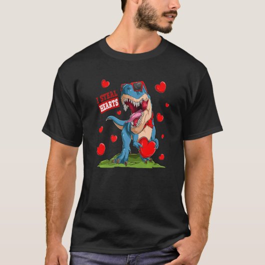 Valentines Day Dinosaur I Steal Hearts Boys Men Lo Tシャツ (正面)