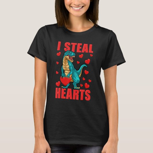 Valentines Day Dinosaur I Steal Hearts Boys Men Lo Tシャツ (正面)