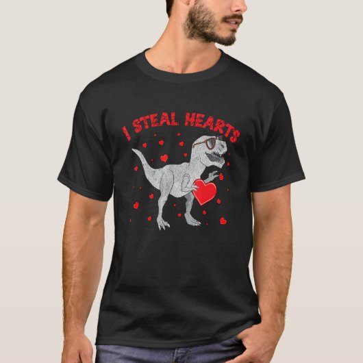 Valentines Day Dinosaur I Steal Hearts Boys Men Lo Tシャツ (正面)